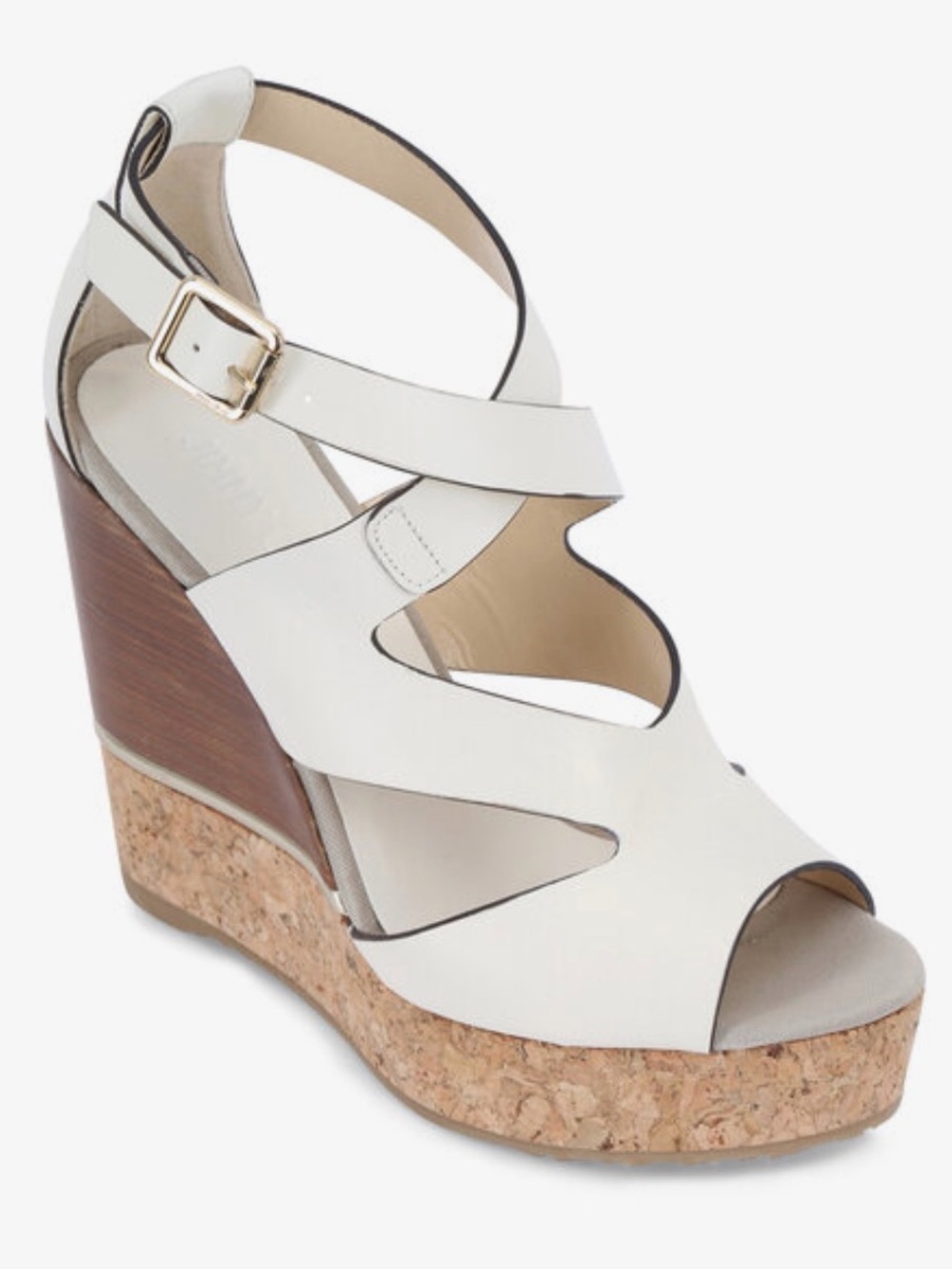 Jimmy Choo 120 mm Nate Bone White Leather Wedge Sandals